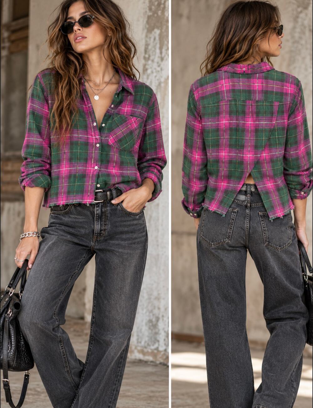 Current/Elliott Plaid Shirt Cotton S Pink Green Raw Hem Split Back 90s Grunge